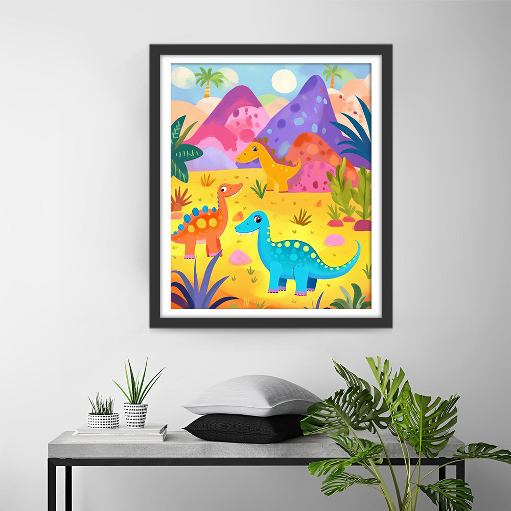 Cartoon Dinosaurussen en Bergen Diamond Painting