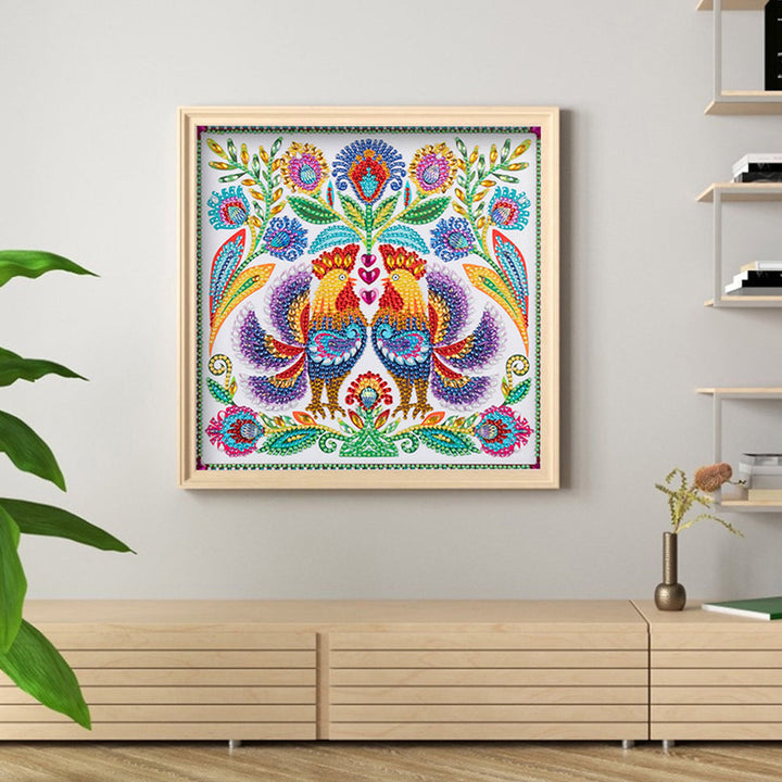 Hanenpaar en Bloemen Speciaal Gevormde Boren Diamond Painting