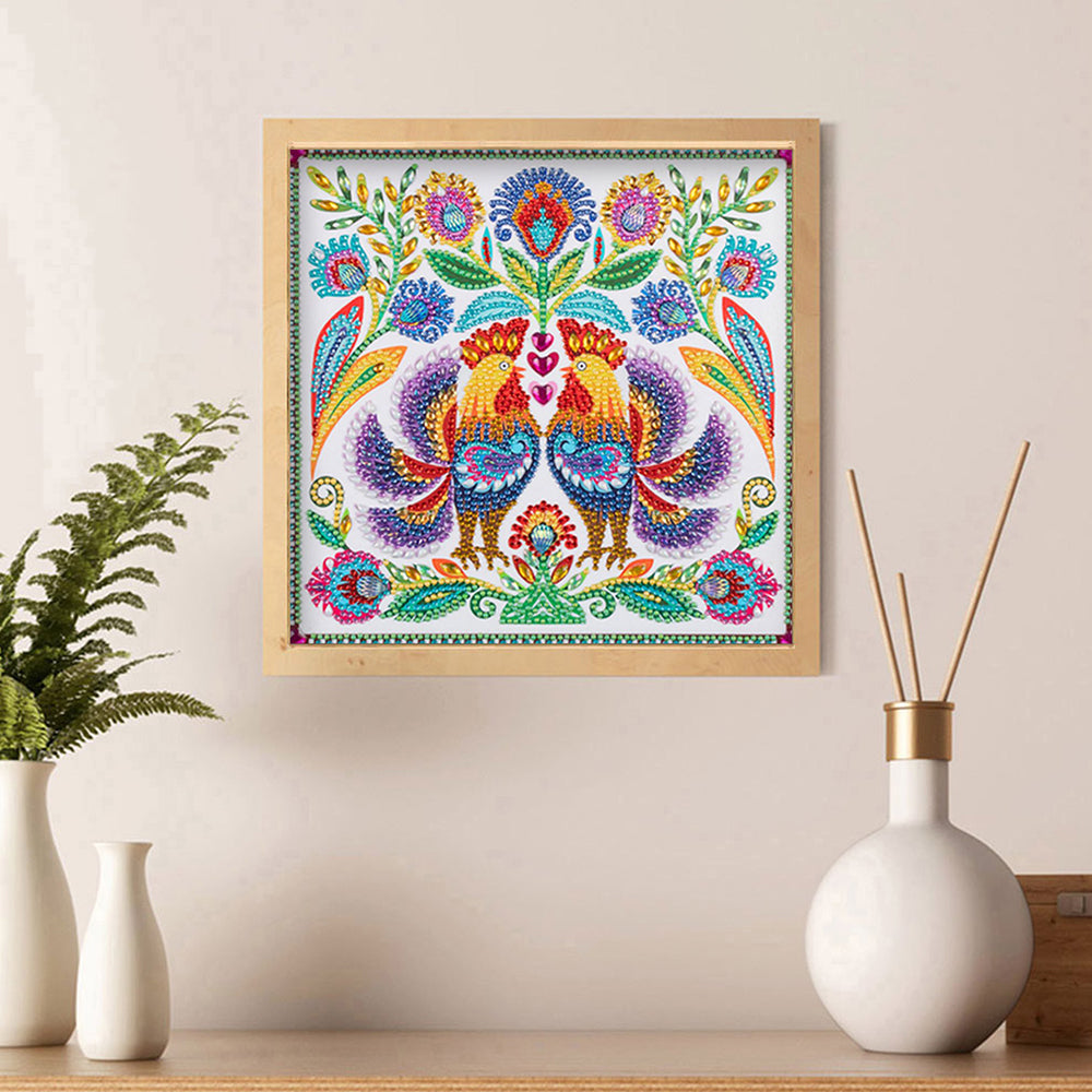 Hanenpaar en Bloemen Speciaal Gevormde Boren Diamond Painting