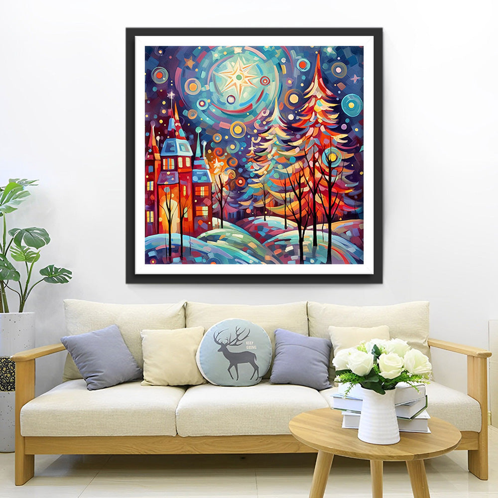 Abstracte Kerstboom en Kasteel Diamond Painting