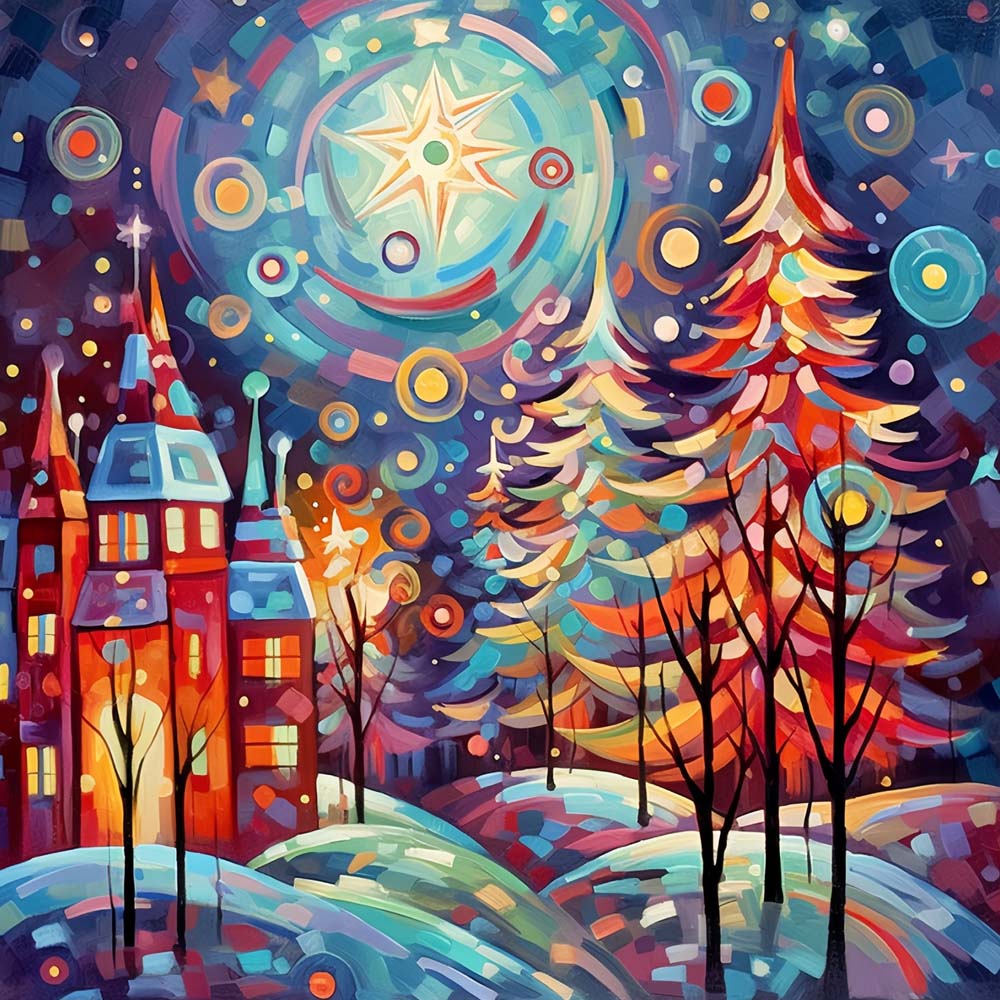 Abstracte Kerstboom en Kasteel Diamond Painting