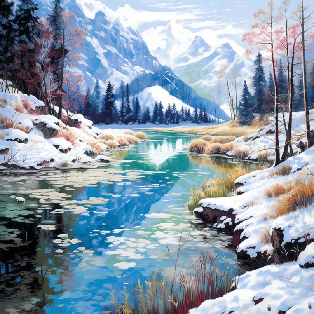 Besneeuwde Bergen en Rivier Diamond Painting
