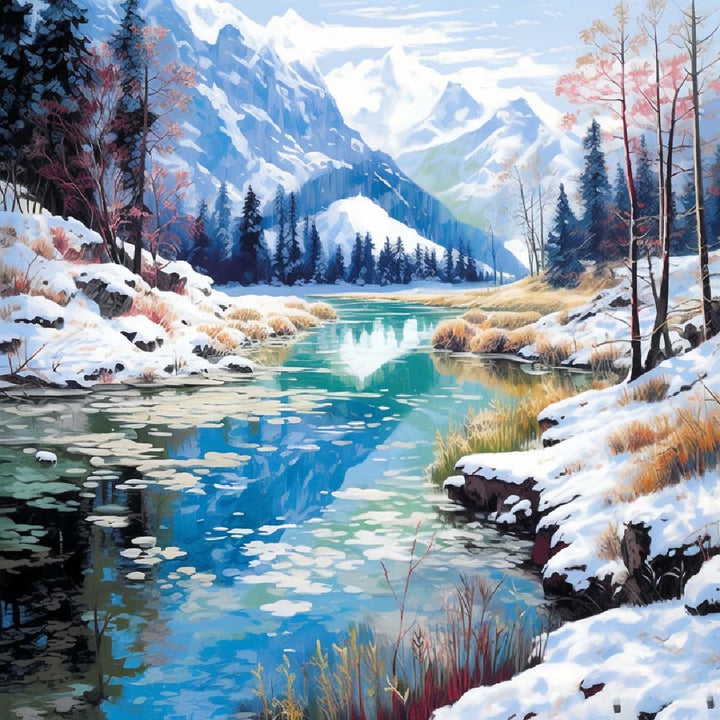 Besneeuwde Bergen en Rivier Diamond Painting