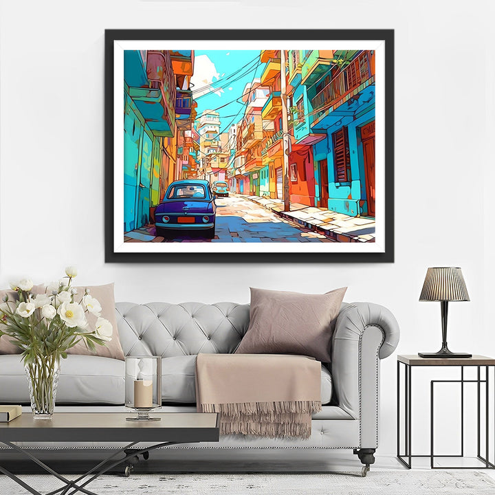 Blauwe Auto en Kleurrijke Gebouwen Diamond Painting