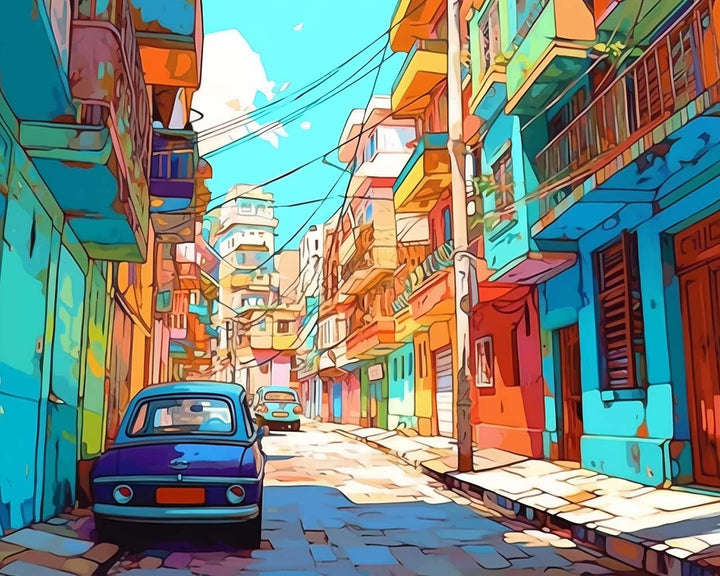 Blauwe Auto en Kleurrijke Gebouwen Diamond Painting