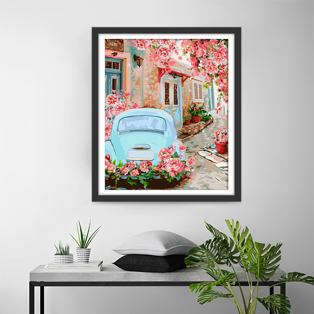 Blauwe Auto onder Roze Bloesemboom Diamond Painting