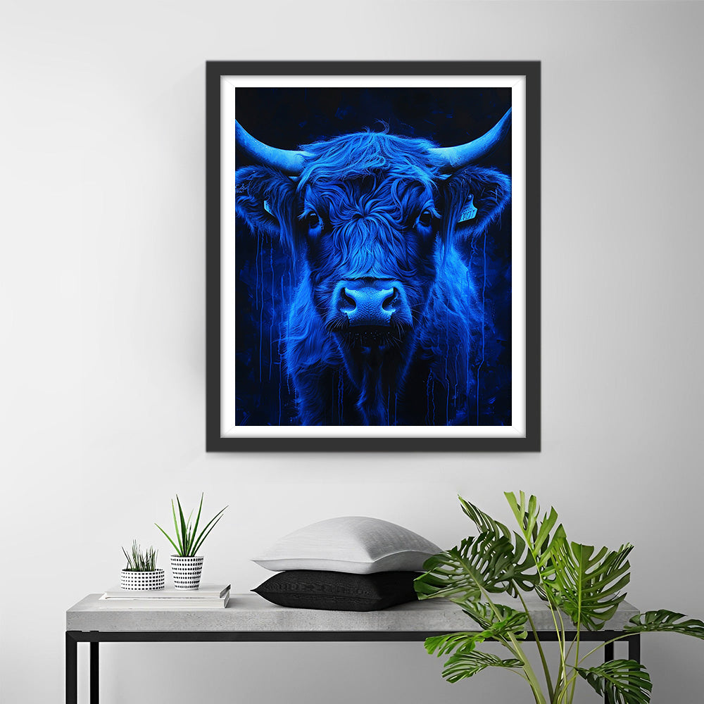 Blauwe Highland Cow in het Donker Diamond Painting