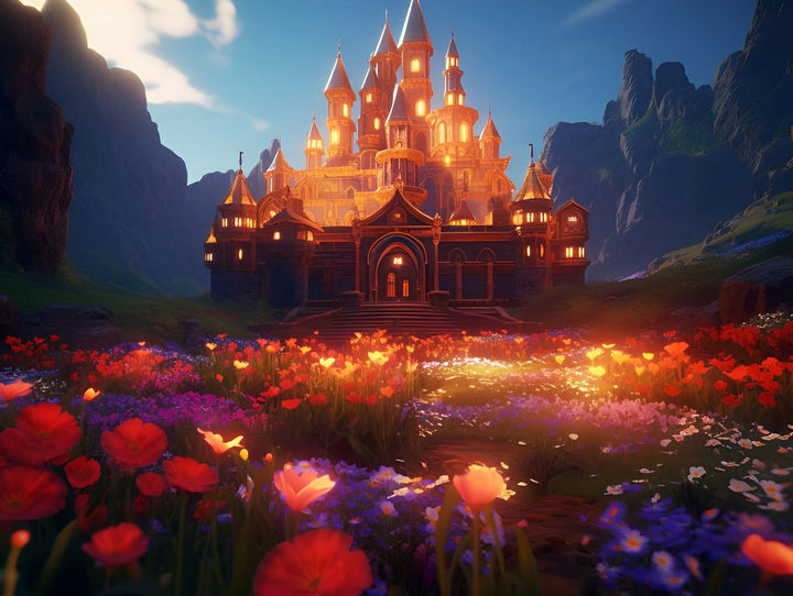 Bloemen en Kasteel Die 's Nachts Gloeien Diamond Painting