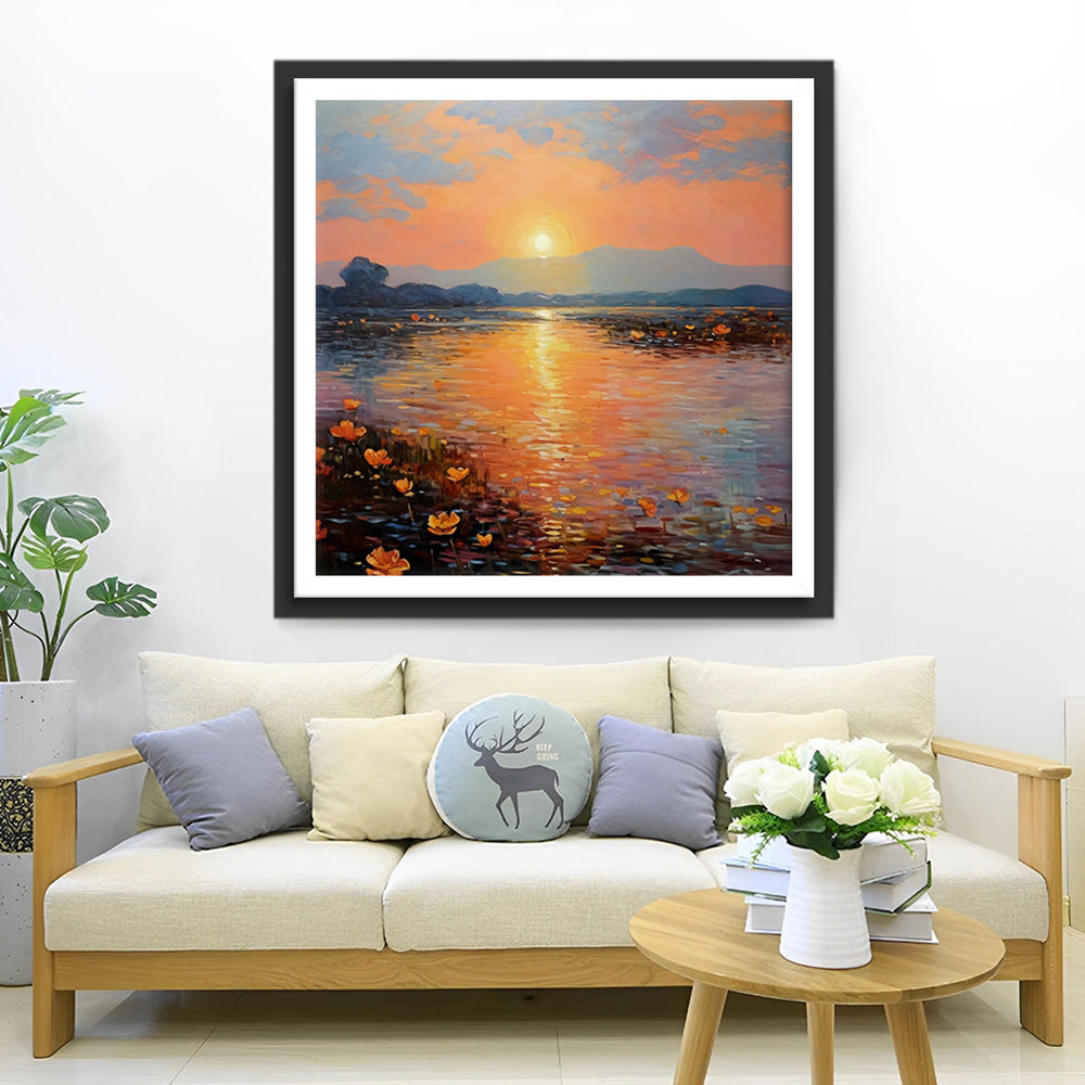 Bloemenmeer bij Zonsondergang Diamond Painting