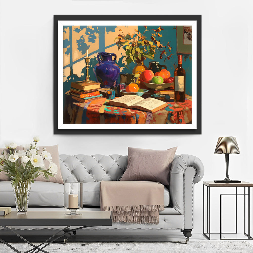 Boeken en Fruit op Tafel Diamond Painting