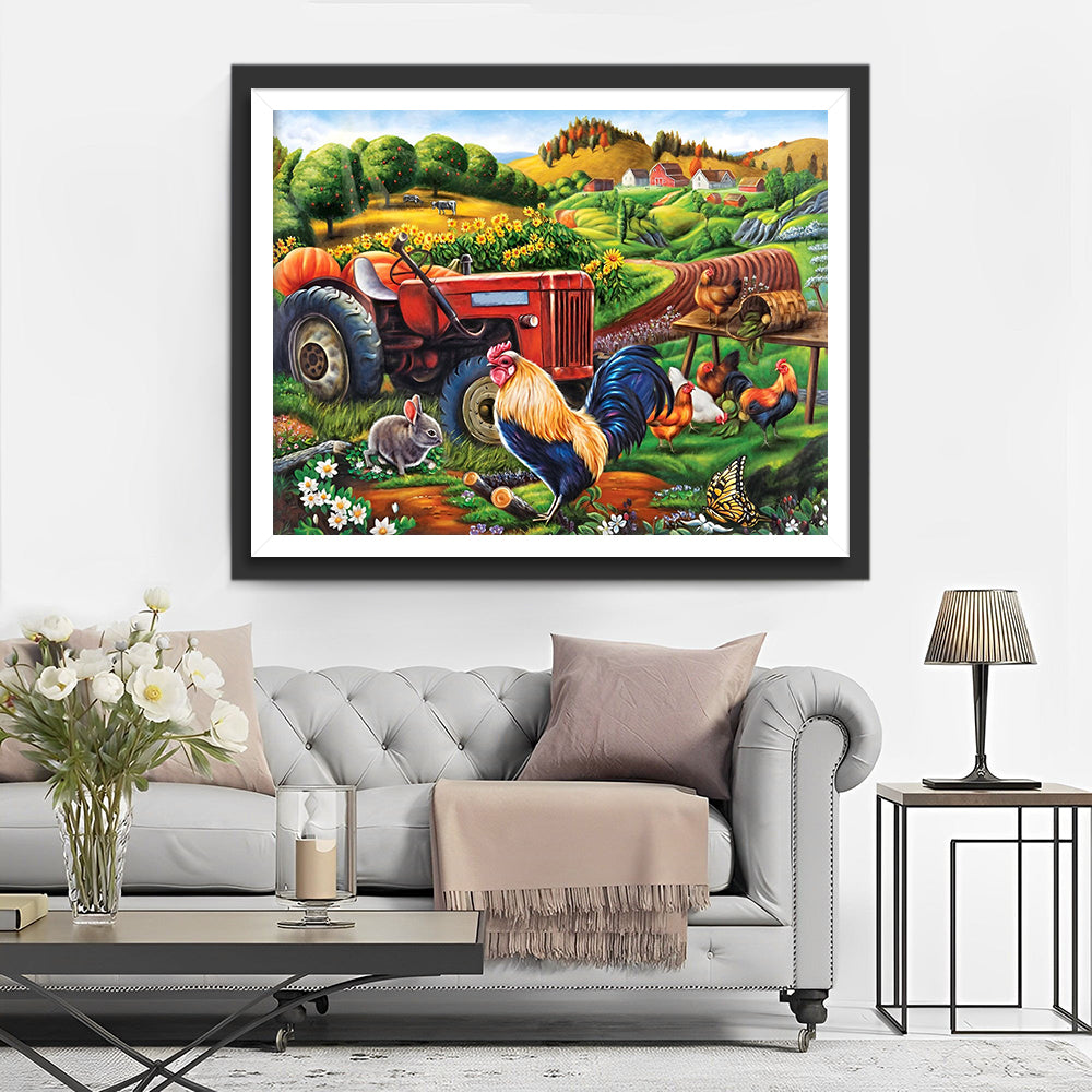 Boerderij Tractor en Haan Diamond Painting
