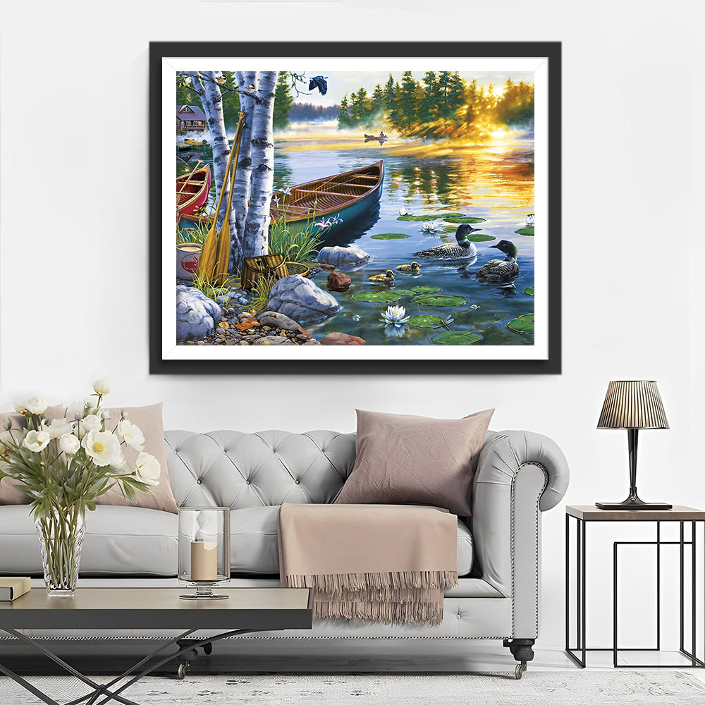 Boot en Eenden op het Lente Meer Diamond Painting