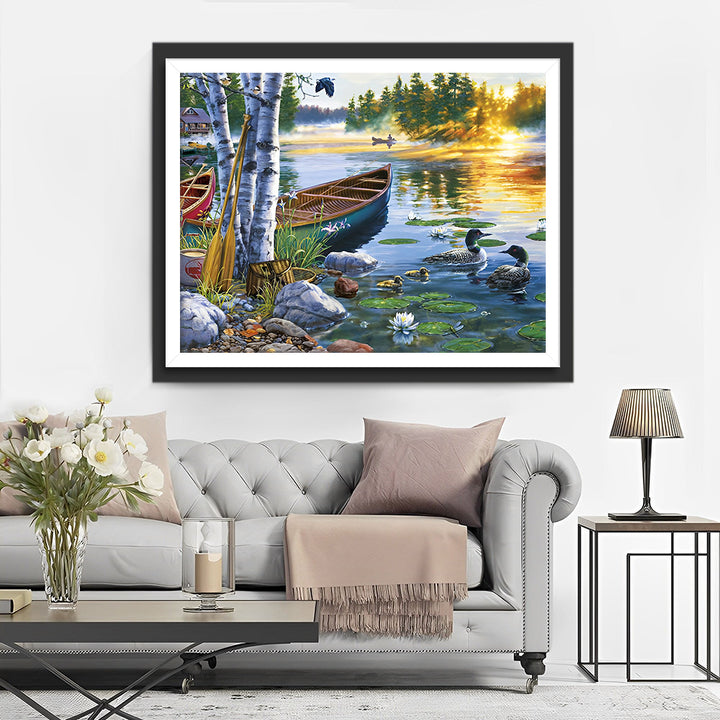 Boot en Eenden op het Lente Meer Diamond Painting