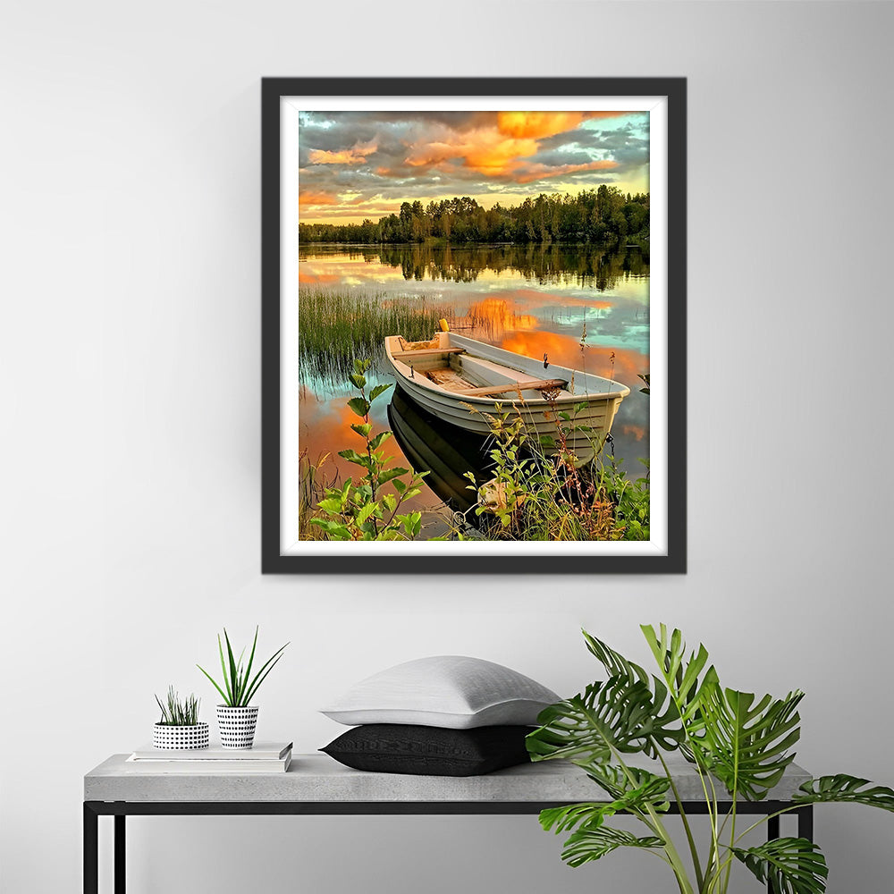 Boot op Herfst Meer bij Zonsondergang Diamond Painting