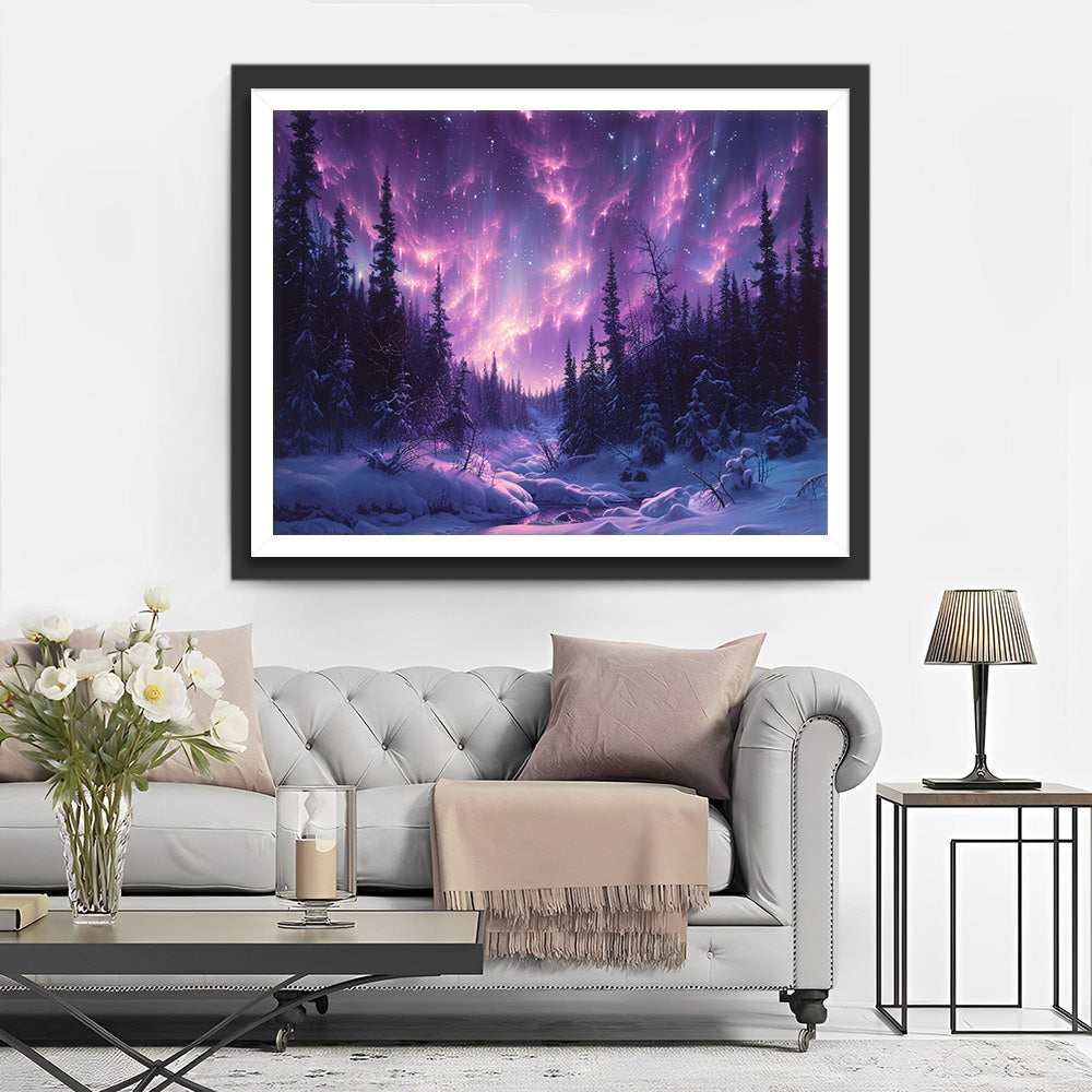 Bos en Paarse Aurora Diamond Painting
