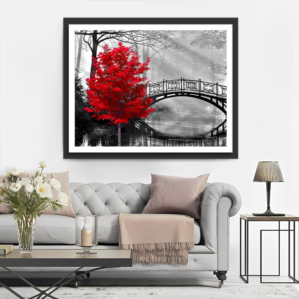 Brug en Rode Boom in het Bos Diamond Painting