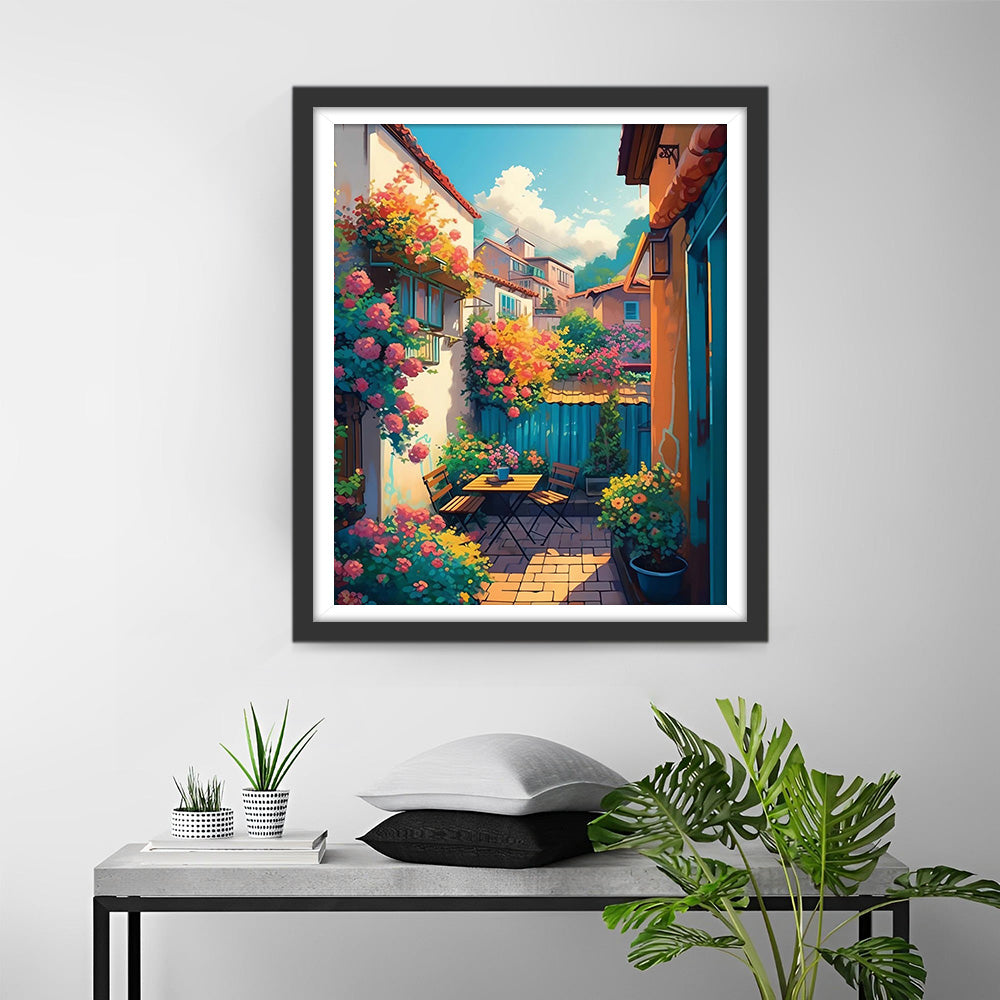 Buitenbloemen, Tafel en Stoelen Diamond Painting