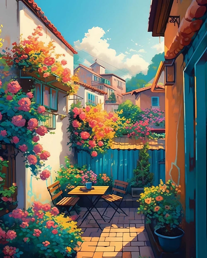 Buitenbloemen, Tafel en Stoelen Diamond Painting