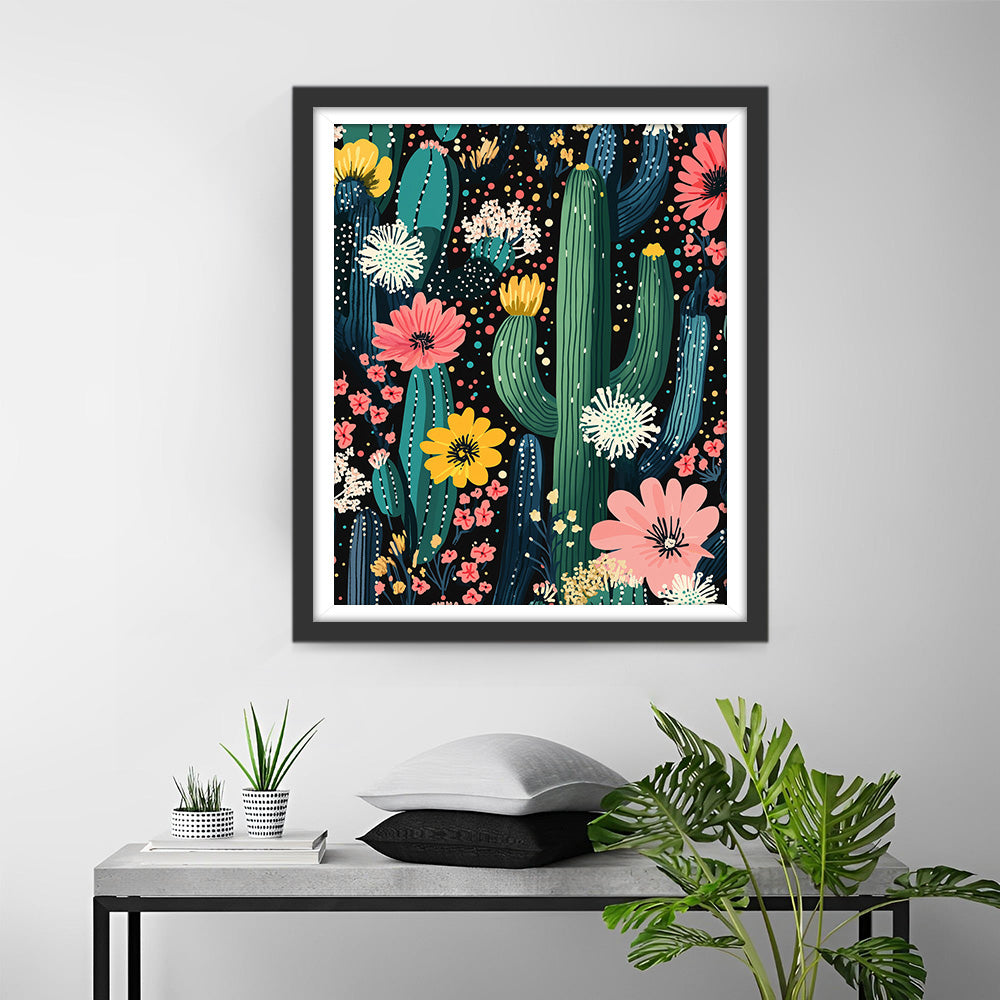Cactus met Bloemen in Verschillende Kleuren Diamond Painting