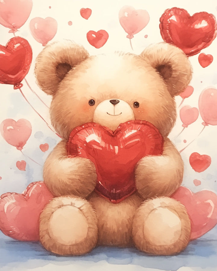 Cartoon Beer en Liefdesballonnen Diamond Painting