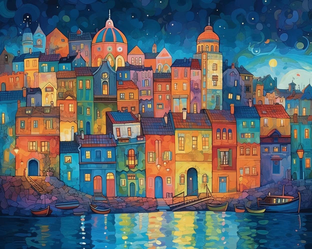 Cartoon Gebouwen aan de Zee Diamond Painting