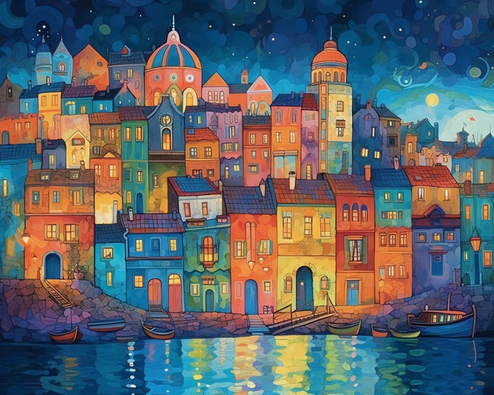 Cartoon Gebouwen aan de Zee Diamond Painting