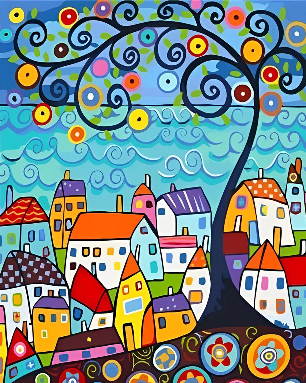 Cartoon Huizen en Boom Diamond Painting