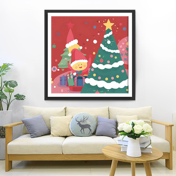 Cartoon Jongen en Kerstboom Diamond Painting