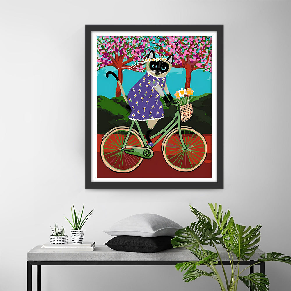 Cartoon Kat op een Fiets Diamond Painting