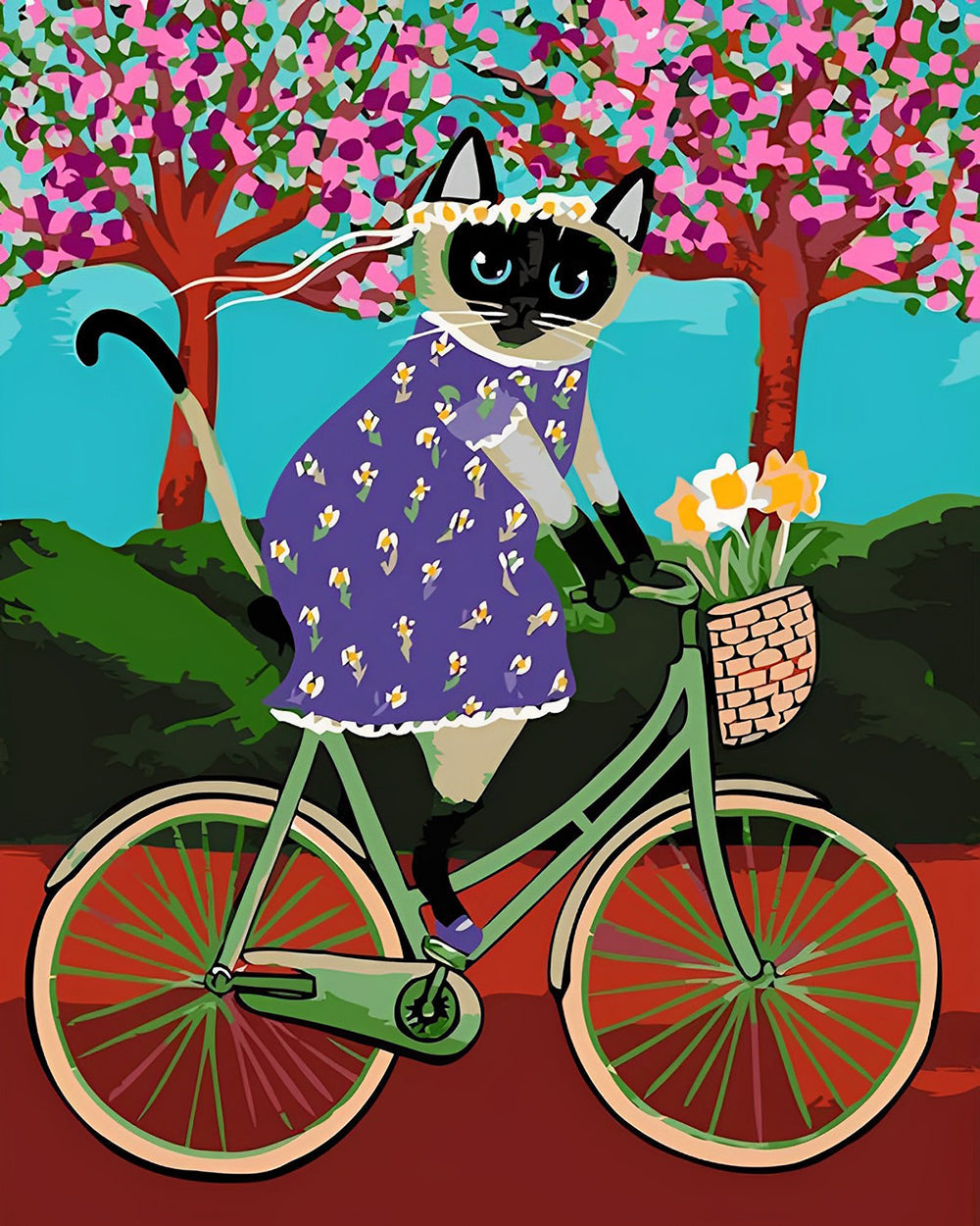 Cartoon Kat op een Fiets Diamond Painting