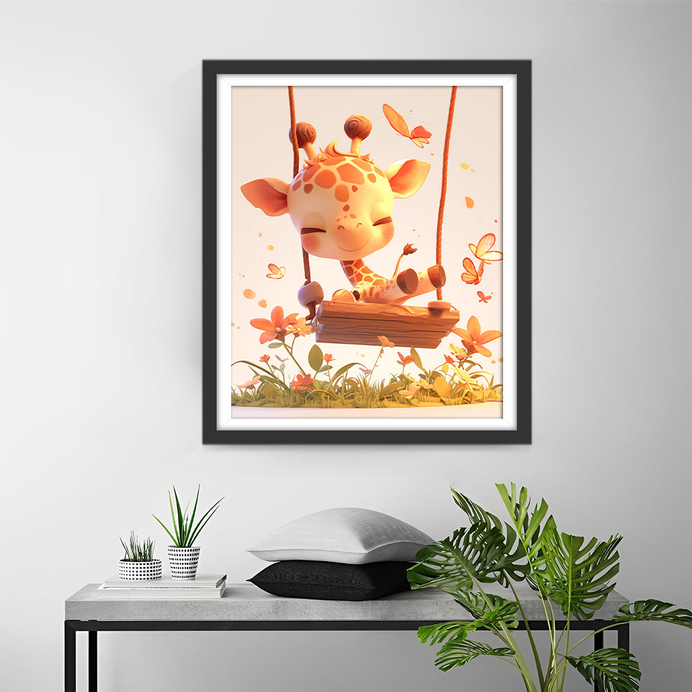Cartoon Kleine Giraffe op Een Schommel Diamond Painting