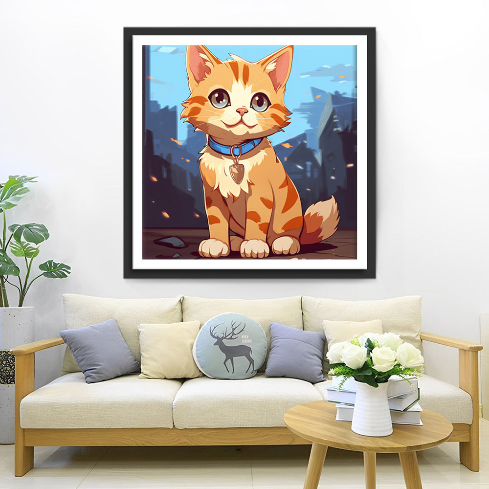 Cartoon Oranje Kat met Blauwe Halsband Diamond Painting