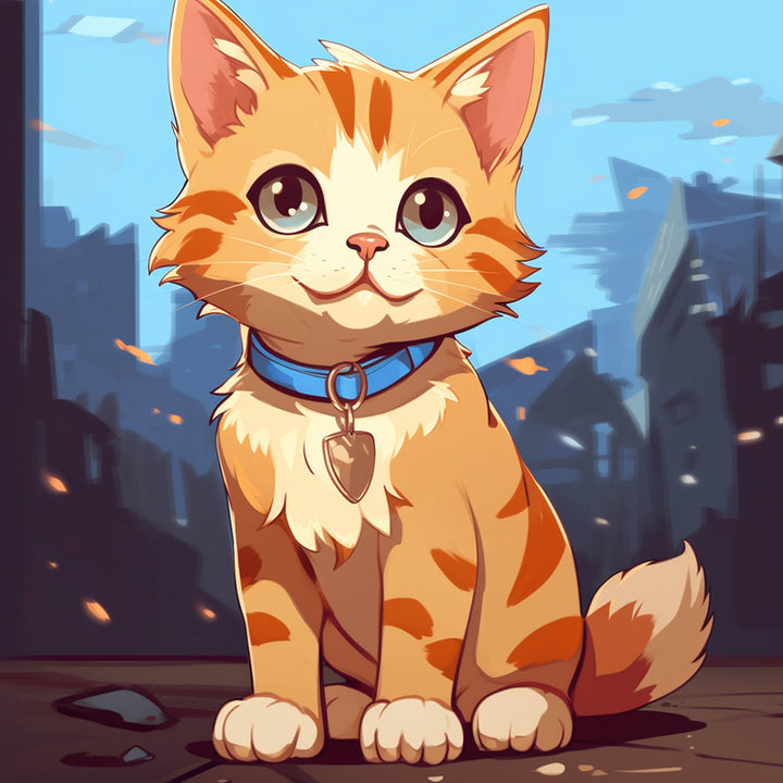 Cartoon Oranje Kat met Blauwe Halsband Diamond Painting
