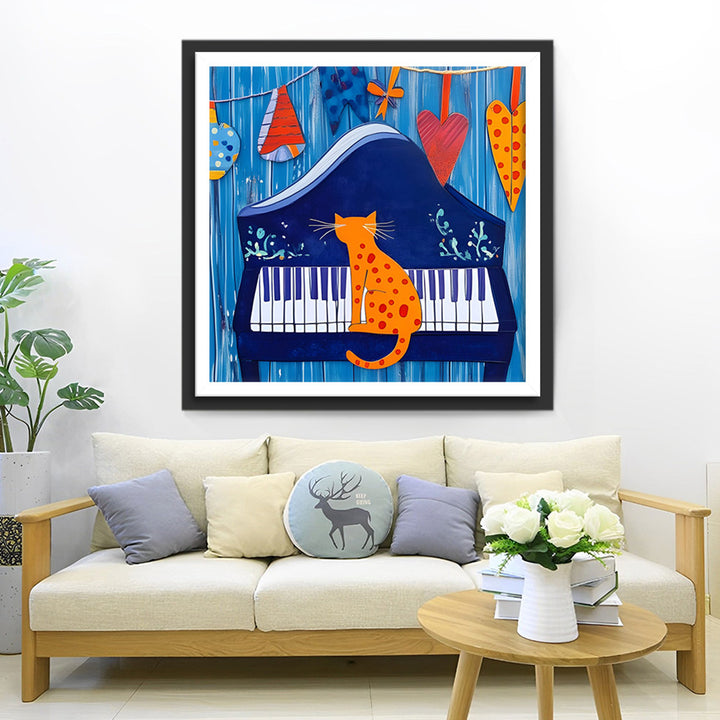 Cartoon Oranje Kat Speelt Piano Diamond Painting