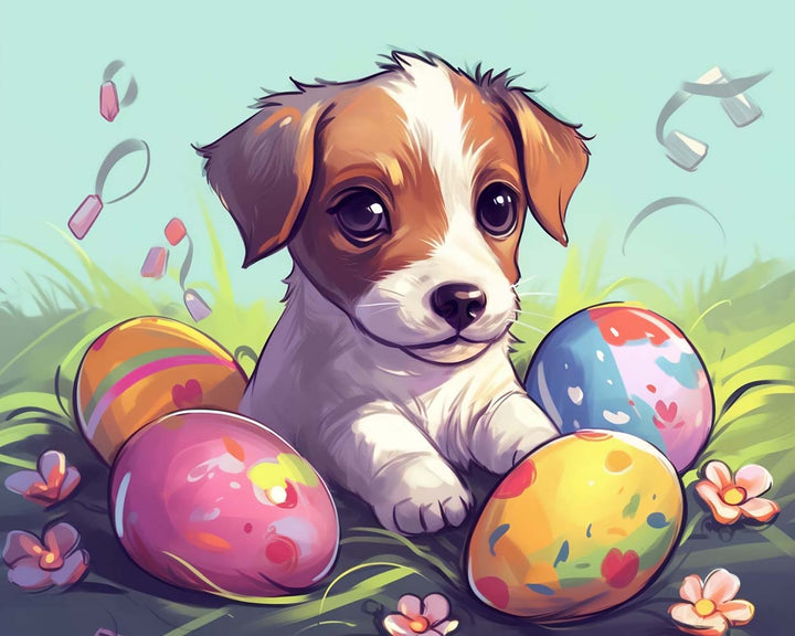 Cartoon Paaseieren en Hond Diamond Painting