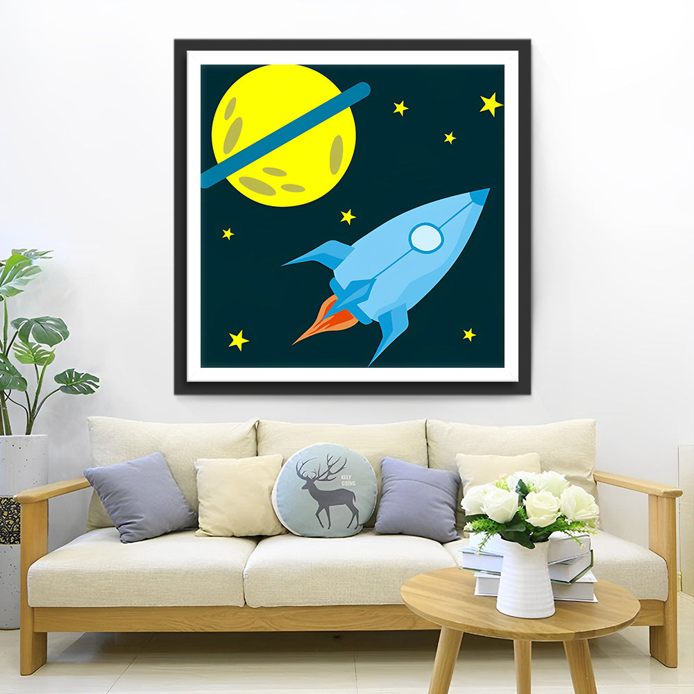 Cartoon Planeet en Raket Diamond Painting