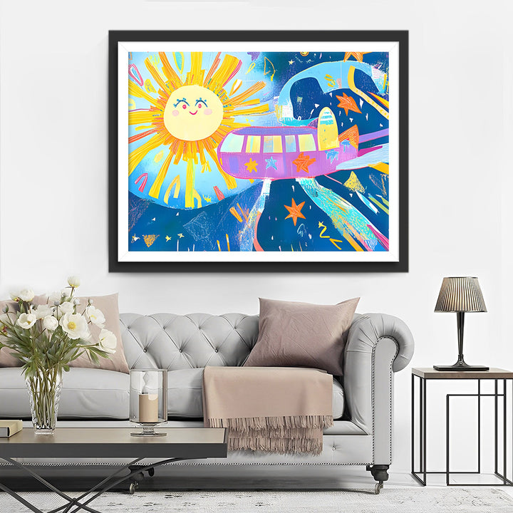 Cartoon Ruimteschip en Zon Diamond Painting