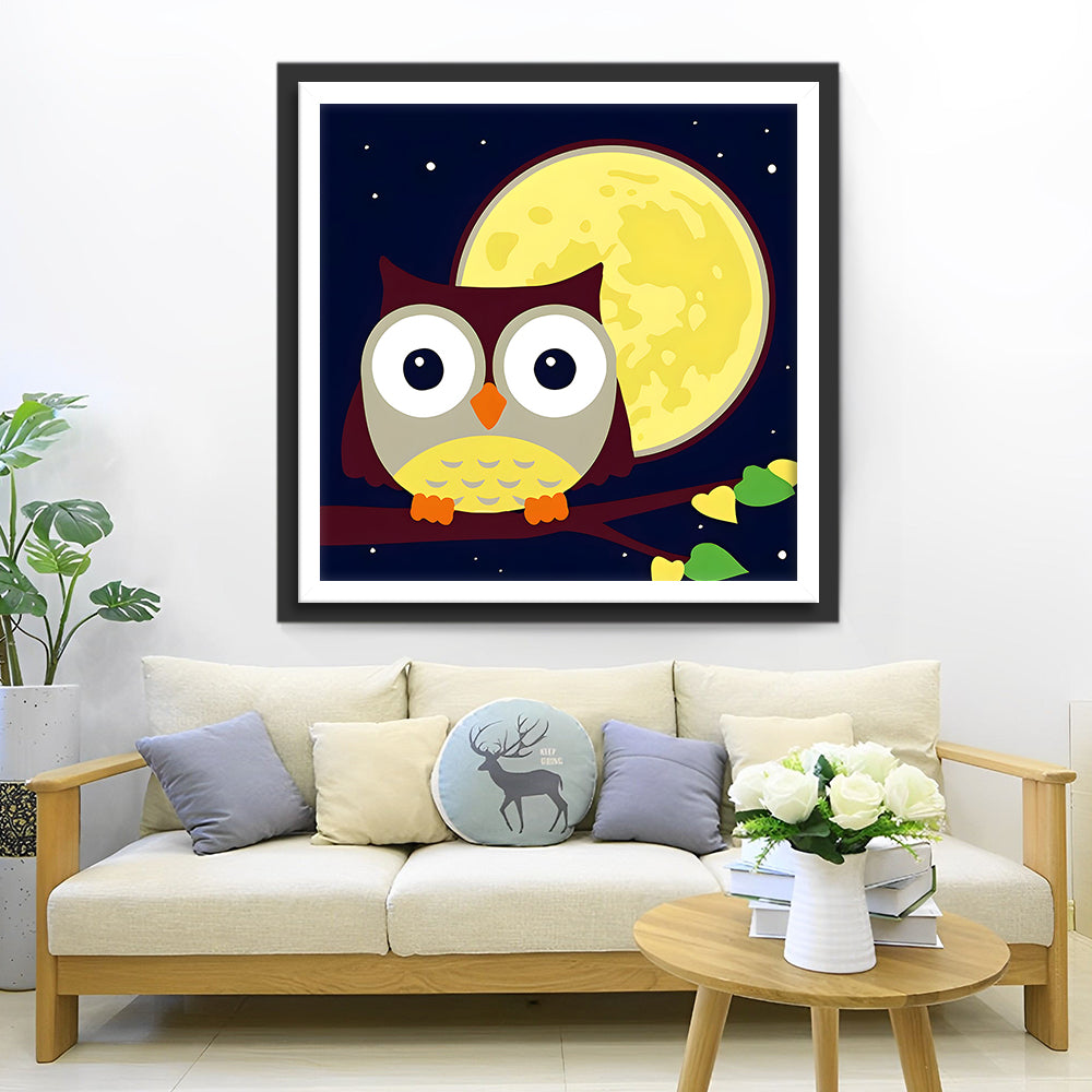Cartoon Uil en Maan Diamond Painting