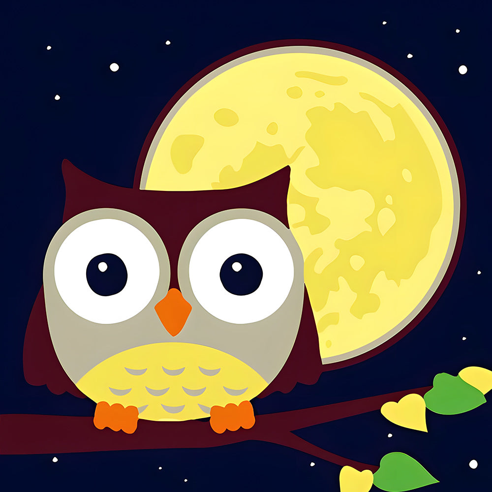Cartoon Uil en Maan Diamond Painting