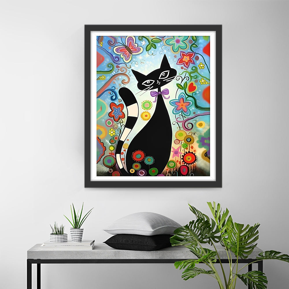 Cartoon Zwarte Kat en Bloemen Diamond Painting