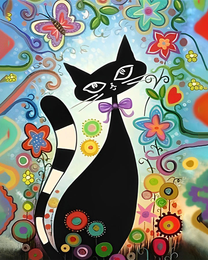 Cartoon Zwarte Kat en Bloemen Diamond Painting