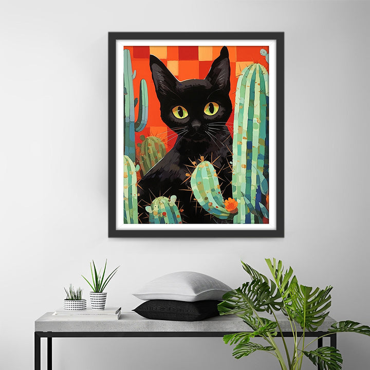 Cartoon Zwarte Kat en Cactus Diamond Painting