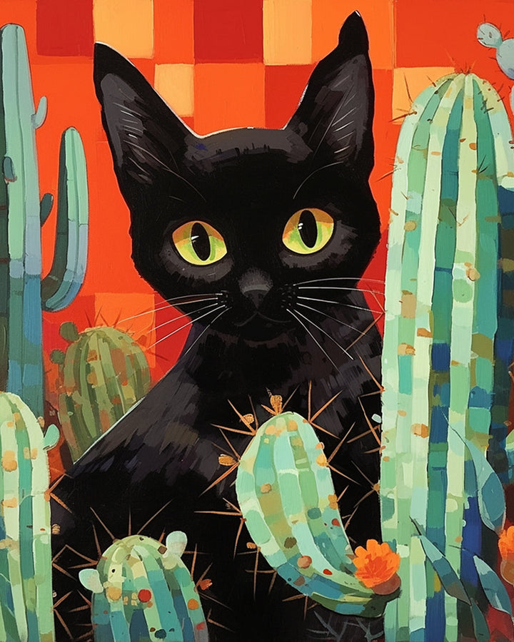 Cartoon Zwarte Kat en Cactus Diamond Painting
