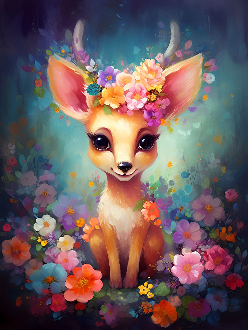 Charmant Hertenkalfje en Bloemen Diamond Painting