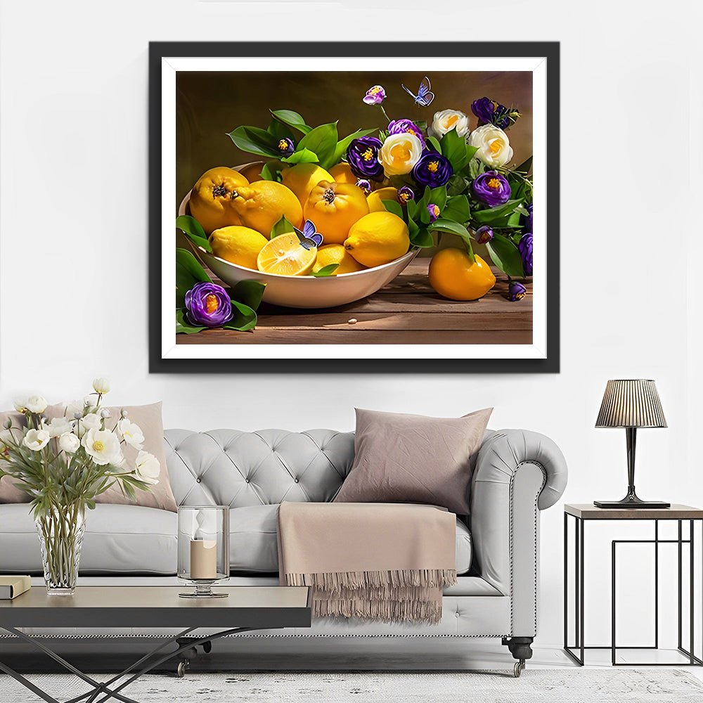 Citroenen en Paarse Bloemen Diamond Painting