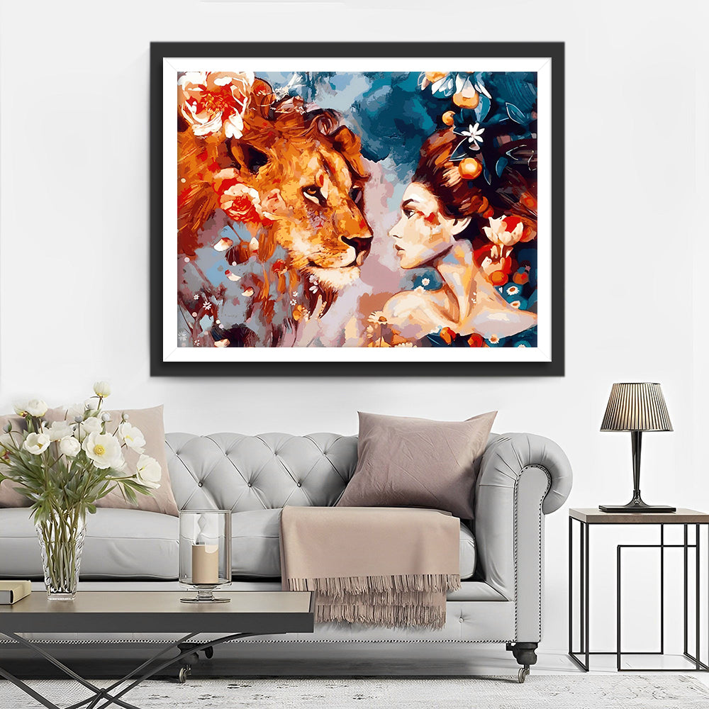 De Bloemen Leeuw en Schoonheid Diamond Painting