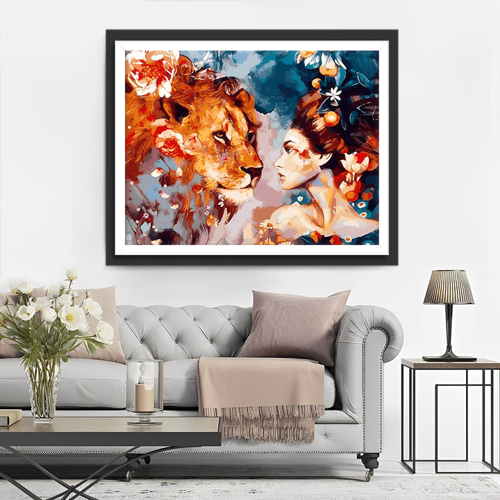 De Bloemen Leeuw en Schoonheid Diamond Painting