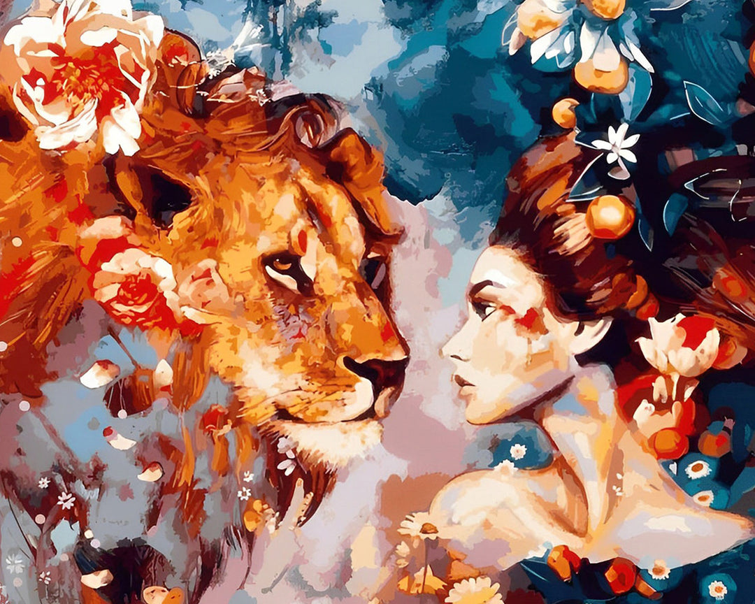 De Bloemen Leeuw en Schoonheid Diamond Painting