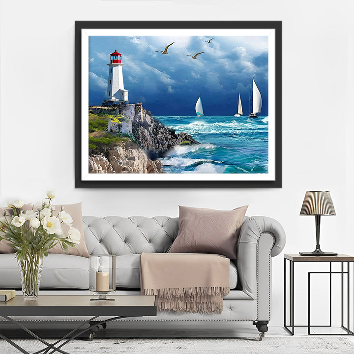 De Vuurtoren en Witte Schepen Diamond Painting