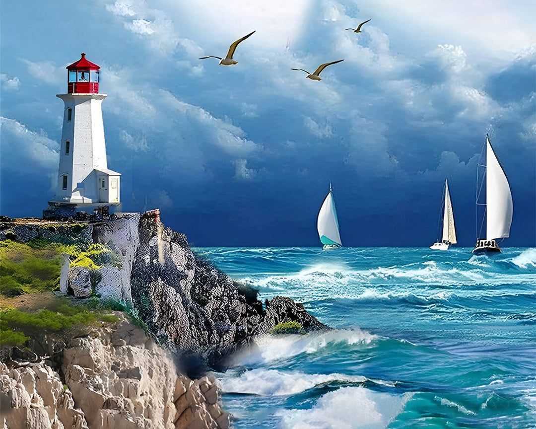 De Vuurtoren en Witte Schepen Diamond Painting